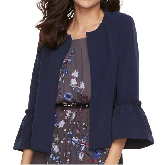 S2‎ ELLE Coastal Navy Blue Bell Sleeve Ponte Jacket Size XS - Picture 1 of 6